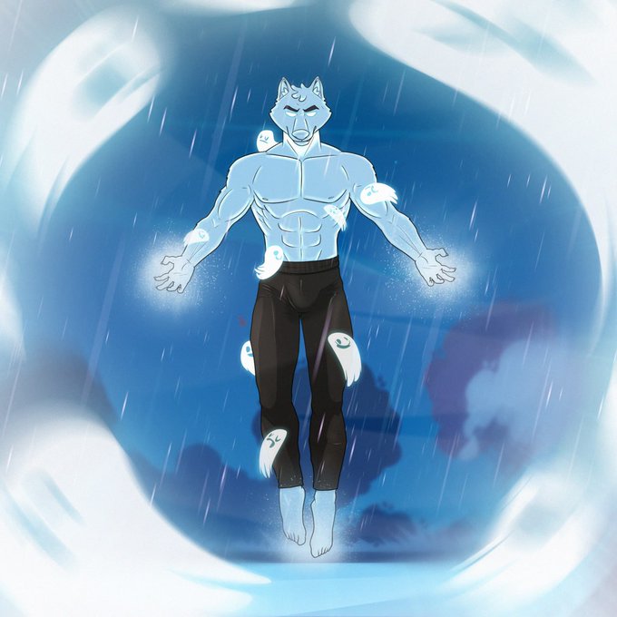 An anime-style illustration of a pale, wolf-headed humanoid figure with glowing blue markings, floating within a swirling water sphere in the rain.