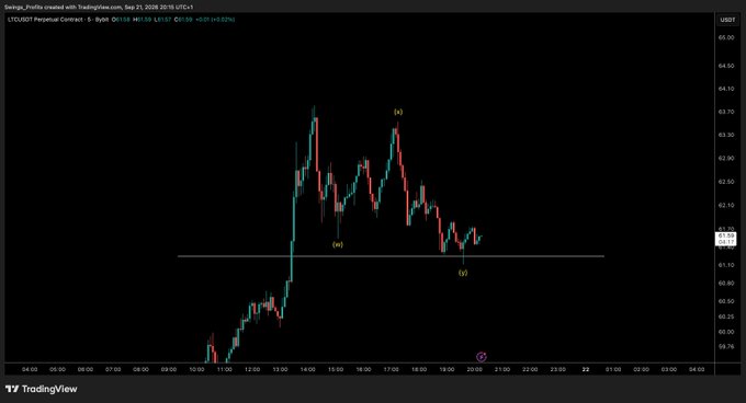 A TradingView 5-minute candlestick chart of LTC/USD perpetual contract on Bybit shows an Elliott Wave structure with a potential bottom forming around the $61.65 horizontal support level, where wave (iv) appears to be completing before the price continues higher to establish a new high.