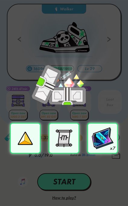 A screenshot of the STEPN app shows a "Walker" sneaker NFT (Level 29, #748838) with rewards of 16090 G, alongside loot boxes and a "START" button. The user has just earned a Mystery Box (MB3) containing rewards like Gems and Scrolls, matching their post about receiving a Mystery Box from STEPN in Minsk for approximately 5,000 yen.