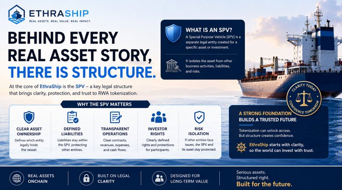 Infographic from EthraShip titled 'Behind Every Real Asset Story, There Is Structure,' explaining SPVs (Special Purpose Vehicles) with sections on clear asset ownership, defined liabilities, transparent operations, investor rights, and risk isolation.