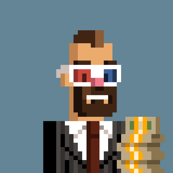 A pixel art portrait of a bearded man wearing 3D glasses with red and blue lenses, holding a stack of cash.