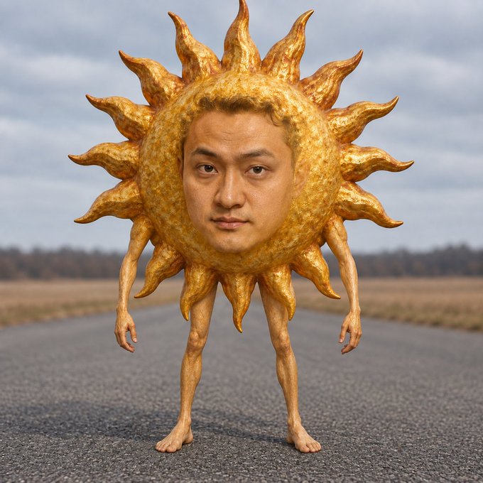 A surreal digitally-rendered creature with a man's face set in a golden sun-shaped body with ray-like protrusions, standing on an asphalt road with arms and legs, against an overcast sky and barren landscape.