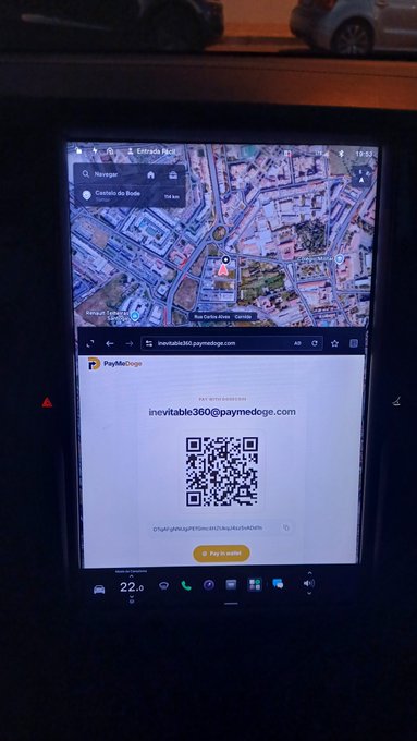 A Tesla vehicle touchscreen displays a map navigation screen on top and a PayMeDoge webpage below showing the email 'inevitable360@paymedoge.com' with a QR code for payment.