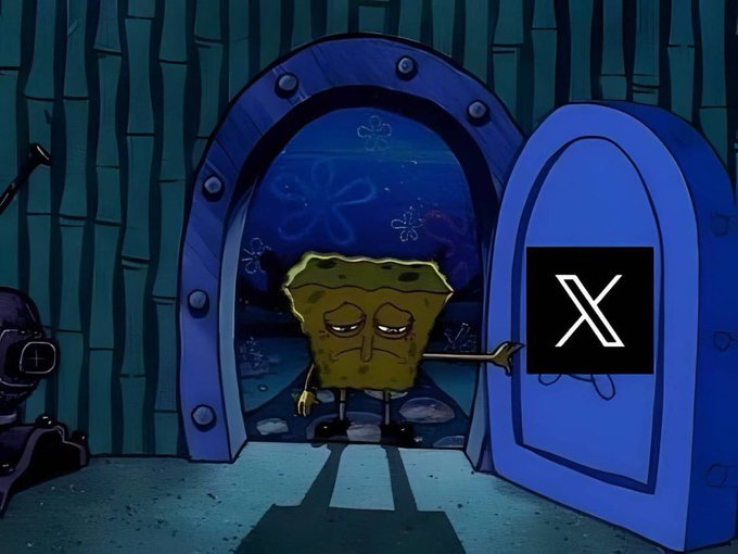 A scene from SpongeBob SquarePants shows the character looking sad and standing in an open doorway, with an 'X' logo overlay on the right.