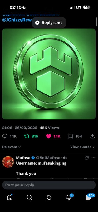 A mobile screenshot of an X post by @JChizzyRew featuring a glowing green cryptocurrency coin, with a reply from Mufasa (@SolMufasa) saying 'Thank you' with username 'mufasaking'.