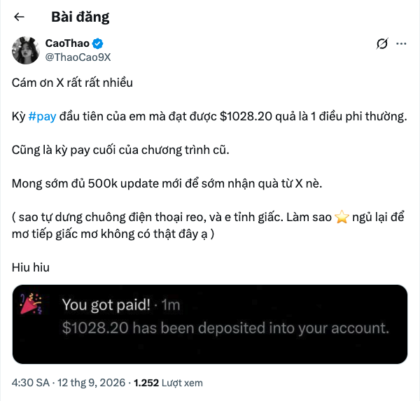 A Vietnamese Twitter/X post from @ThaoCao9X celebrating a payment of $1028.20 and hoping to reach 500k followers.