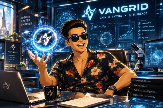A digital illustration of a smiling man in a floral shirt and sunglasses holding a glowing holographic sphere, set in a futuristic tech office with 'VANGRID' branding and signage mentioning 'Data Analysis,' 'Machine Learning,' 'Physics Simulation,' 'AI,' and 'Big Data.'