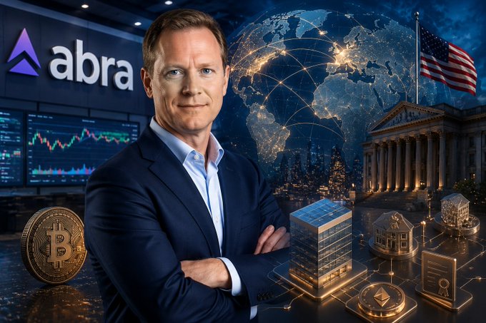 A promotional image for Abra crypto featuring a man in a suit standing before a world map, American flag, stock charts, Bitcoin and Ethereum coins, and the Abra logo.