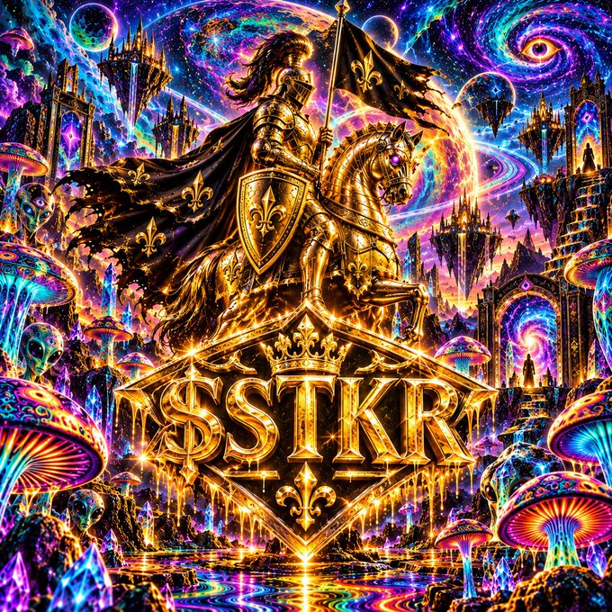 A psychedelic fantasy artwork featuring a golden armored knight on horseback holding a fleur-de-lis flag, with the text '$$STKR' prominently displayed below in an ornate medieval logo style.