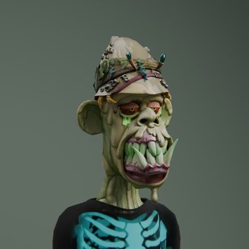 A 3D-rendered character with a goblin-like face, sharp teeth, green skin, and a jewel-studded crown wears a shirt featuring a glowing turquoise skeleton, matching the playful "GM - new look, same harri" post about a refreshed avatar while keeping a familiar greeting.