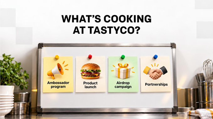 A TastyCo promotional image asking 'WHAT'S COOKING AT TASTYCO?' with four pinned notes displaying icons for Ambassador program, Product launch, Airdrop campaign, and Partnerships in a kitchen setting.