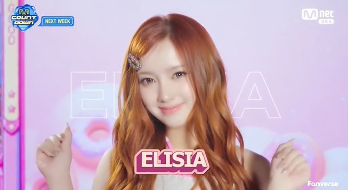 A K-pop performance preview shows ELISIA on a pastel set, with “M COUNTDOWN” and “NEXT WEEK” logos and “Mnet LIVE” in the corners.