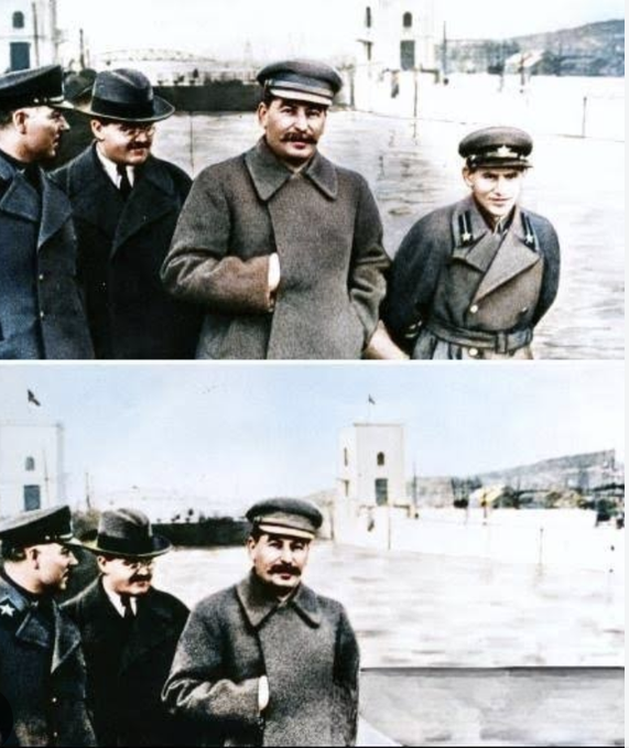 A black-and-white photo showing Joseph Stalin in a coat and cap, accompanied by Vyacheslav Molotov and other officials, with one image colorized showing them near a waterfront with buildings in the background.
