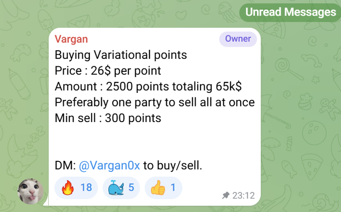 Telegram message from user "Vargan" offering to buy 2500 Variational points at 26$ each (totaling 65k$), preferring to buy all at once.