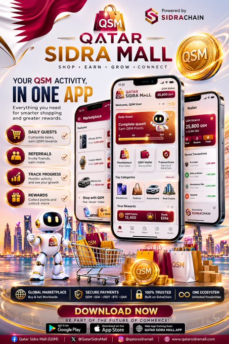 The poster promotes the **Qatar Sidra Mall (QSM) app**, powered by SidraChain, highlighting its tagline "Shop • Earn • Grow • Connect" and key features like daily quests, referrals, progress tracking, and rewards within a global marketplace accepting USD • BTC • QAR. The accompanying post expands on these features, emphasizing the app's digital commerce ecosystem with 100+ stores and thousands of products, directly mirroring the promotional imagery of the app interface and robotic mascot.