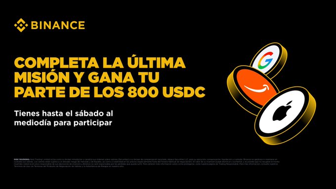 A Binance promotional banner advertises a final mission giveaway of 800 USDC in Peru, featuring floating brand logos for Google, Amazon, and Apple, with the message "Completa la última misión y gana tu parte de los 800 USDC" and a deadline of Saturday midday—aligning with the WhatsApp channel invitation to participate.