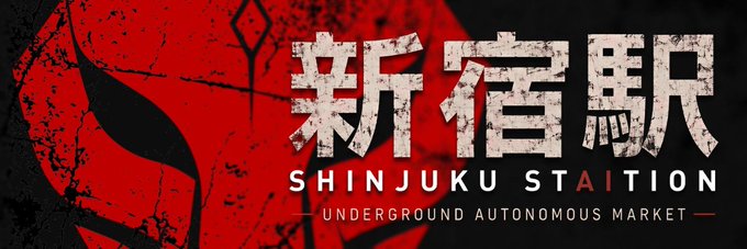 A bold red and black banner image for the Solana token $SHINJUKU, featuring Japanese kanji characters (新宿駅) alongside the English text "SHINJUKU STATION" and the subtitle "UNDERGROUND AUTONOMOUS MARKET," now serving as the official community banner on Moby.