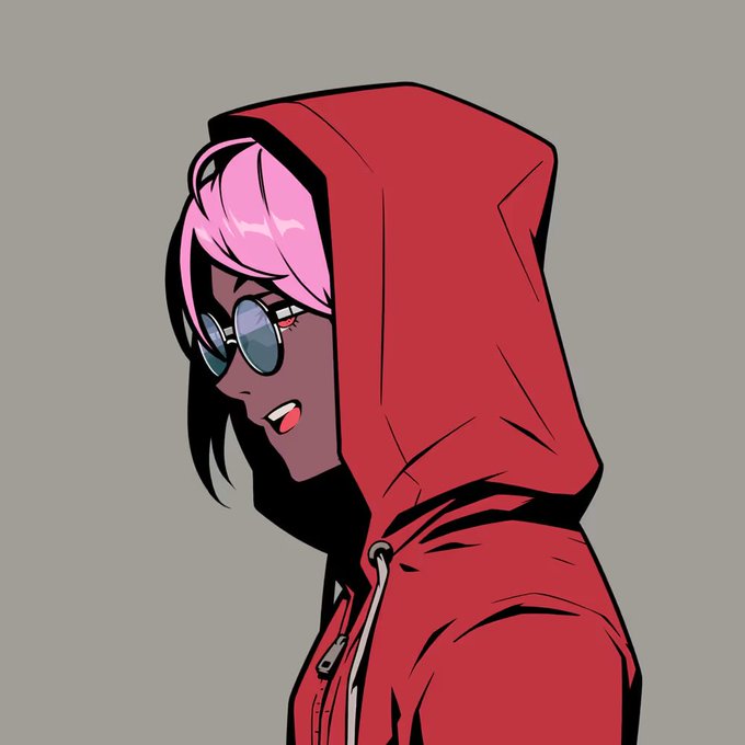 A digital illustration of a character with pink hair, wearing round sunglasses and a red hooded jacket, smiling against a gray background.