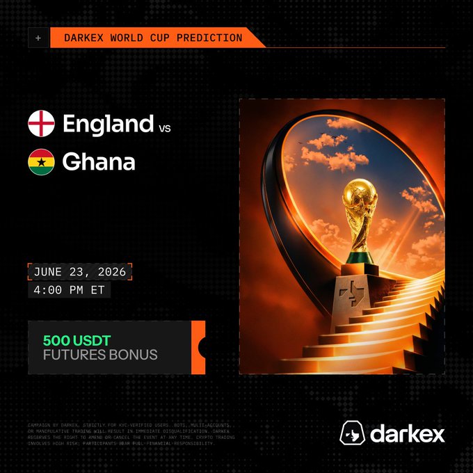 The image features a poster for the Darkex World Cup Prediction, which is predicting that England will win the World Cup against Ghana. The poster includes a golden trophy placed at the top of a staircase, symbolizing the winner's ascent to victory. The text on the poster indicates that the prediction is based on the match scheduled for June 23rd and that it is a feature on the Darkex website.