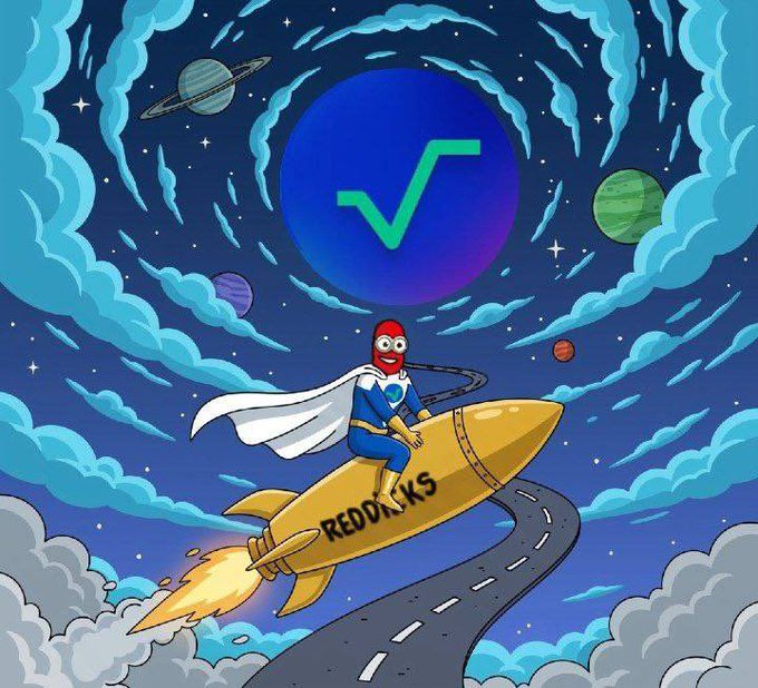 A cartoon superhero wearing a red mask rides a yellow rocket labeled "REDDCOINS" through a starry sky, soaring past a large blue planet emblazoned with a green checkmark, symbolizing the successful achievement of $500,000 USD in liquidity for RSWAP. The triumphant imagery of the rocket launch and completion check visually celebrates the project's latest milestone.