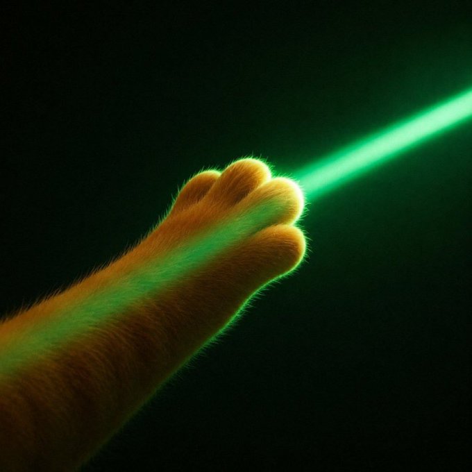 A furry cat paw reaches out toward a bright green laser beam against a dark background.