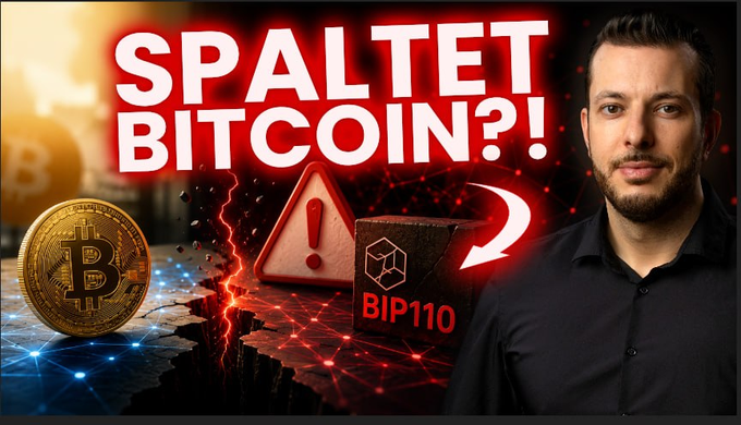 A man stands beside graphics showing a Bitcoin coin, a warning sign, a "BIP 110" block, and the bold text "SPALTE T BITCOIN?!" (Split Bitcoin?!), illustrating the post's discussion of a potential chain split and replay attack risks linked to the BIP 110 fork.