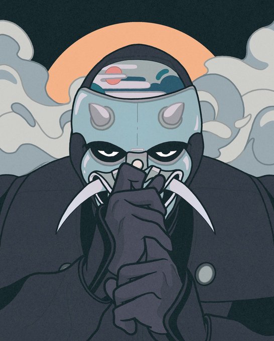 A stylized digital illustration of a masked, hooded figure with sharp metallic claws extending from their fingers, set against stylized clouds and a dark background.