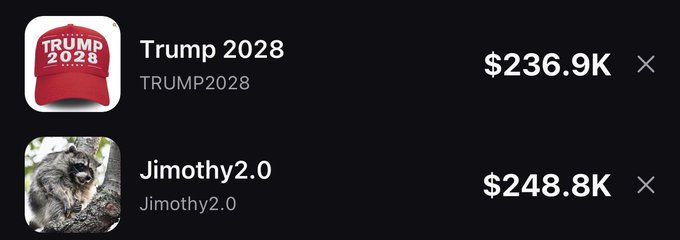 A mobile app screen displays cryptocurrency tokens: "Trump 2028" with a red cap icon valued at $236.9K, and "Jimothy2.0" with a marmot icon valued at $248.8K.