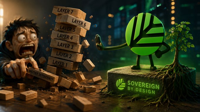 A promotional graphic featuring a panicked man watching a Jenga-style tower of blocks labeled 'LAYER 1' through 'LAYER 7' topple over. To the right, a green leaf-shaped mascot calmly pushes against the tower, with the text 'SOVEREIGN BY DESIGN' below it.