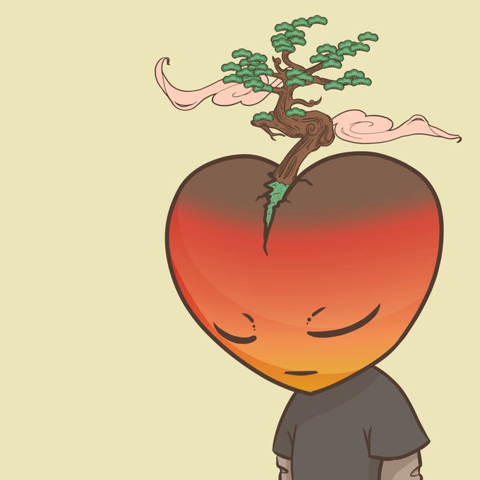An illustration of a character with a large red-to-orange gradient heart for a head, sprouting a bonsai tree from the top with pink clouds floating beside it, eyes closed in a serene expression.