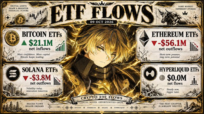 An infographic titled 'ETF FLOWS 09 OCT 2026' showing crypto market data with Bitcoin ETFs gaining $21.1M net inflows, Ethereum ETFs losing $56.1M, Solana ETFs losing $3.8M, and Hyperliquid ETFs at $0.0M.
