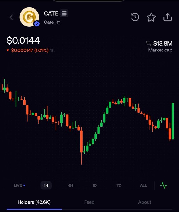 The screenshot displays the cryptocurrency "CATE" with a current price of $0.0144 and a market cap of $13.8M, showing a fluctuating price chart with 42.6K holders, consistent with the post's complaint about frozen prices.