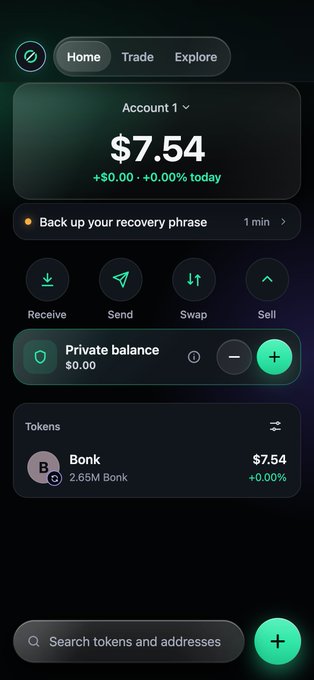 A cryptocurrency wallet app displays an account balance of $7.54, showing navigation tabs for Home, Trade, and Explore, along with action buttons for Receive, Send, Swap, and Sell, and a token listed as "Bonk".