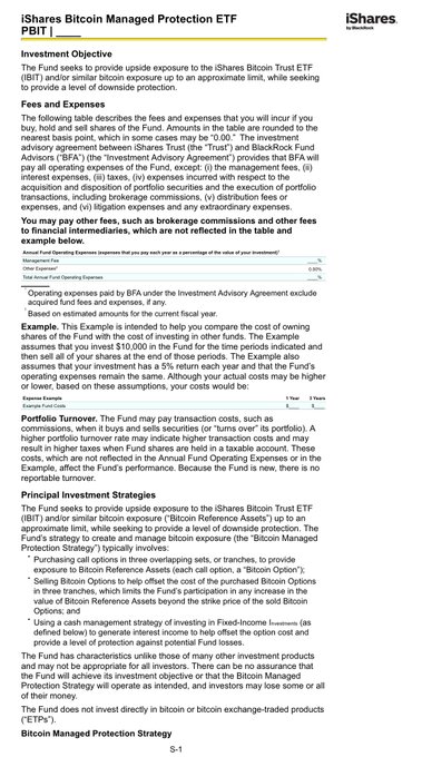 A page from an iShares Bitcoin Managed Protection ETF ($PBIT) regulatory filing, outlining the fund's investment objective, fees and expenses, and risk factors related to offering capped upside exposure to Bitcoin via a managed risk strategy. The document details operational costs, the buffer-style investment approach, and principal investment risks for the BlackRock-proposed ETF.