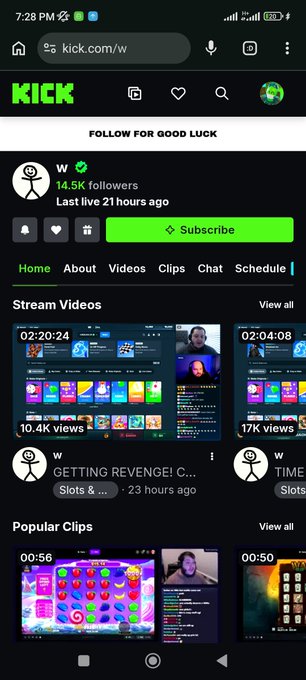 A mobile screenshot of the Kick streaming platform (kick.com/w) showing a profile with '14.5K followers' and various slots and gaming videos.