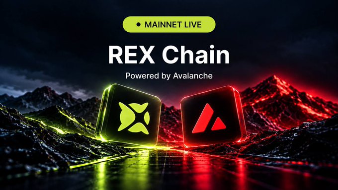 Promotional graphic announcing “REX Chain” as “MAINNET LIVE” and “Powered by Avalanche,” featuring glowing Binance and Avalanche logos amid a red-and-green mountain landscape. It supports the announcement of RealX’s live REX Chain mainnet, a unified onchain finance market spanning tokenized stocks, U.S. Treasuries, yield, and crypto.