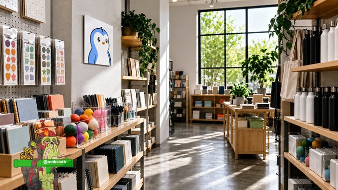 A sunny retail shop displays shelves stocked with colorful stationery, water bottles, and lifestyle products alongside a cartoon penguin illustration on the wall, with "GremlinKeith" branding visible in the corner—visually reflecting Pudgy Penguins' expansion into physical consumer goods beyond NFTs.