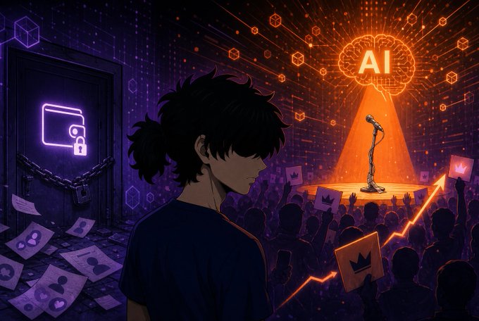 An anime-style illustration showing a young person looking toward a glowing 'AI' brain on a stage with a microphone, while a locked door with a wallet icon and padlock sits to the left.