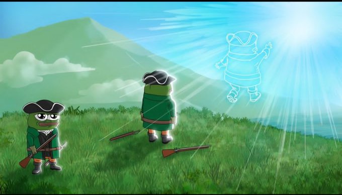 An animated scene of two frog characters in colonial soldier uniforms with tricorn hats holding muskets on a grassy hill, with a glowing blue ghost of a British soldier in the sky.