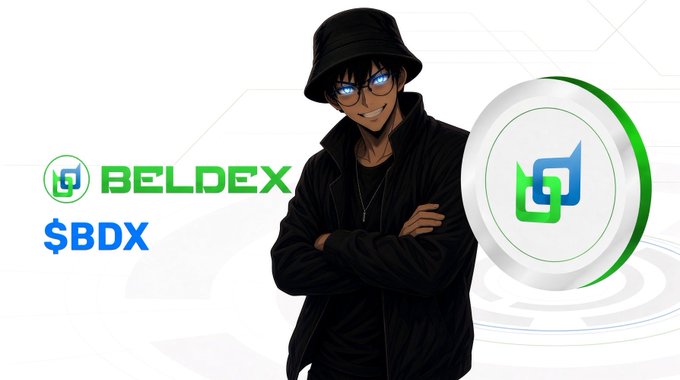 An anime-style character wearing a black bucket hat and jacket stands with crossed arms alongside the Beldex ($BDX) cryptocurrency logo and branding.
