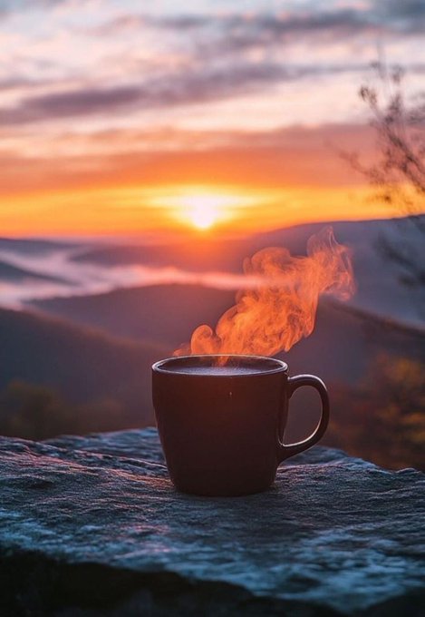 A dark coffee mug sits on a rocky ledge, with steam rising and backlit by a golden sunset over distant mountains and valleys.