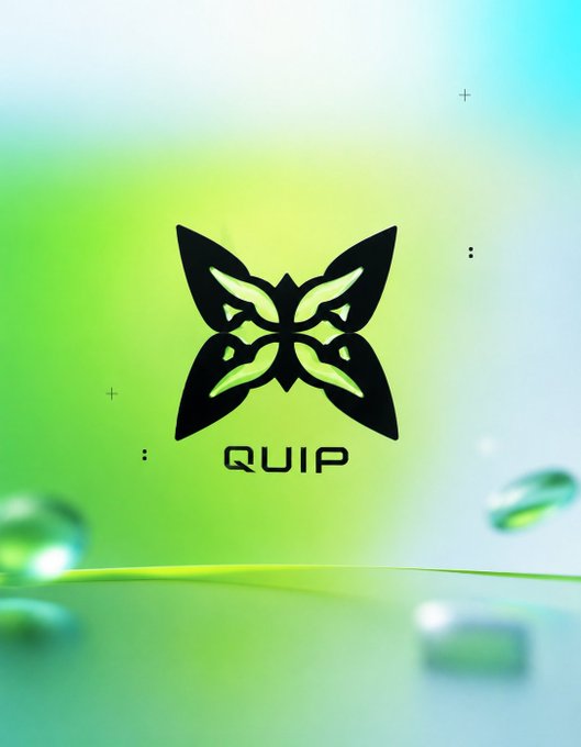 A logo design featuring a black symmetrical butterfly-like emblem with the text 'QUIP' below it, set against a soft green and white gradient background with floating glass elements.