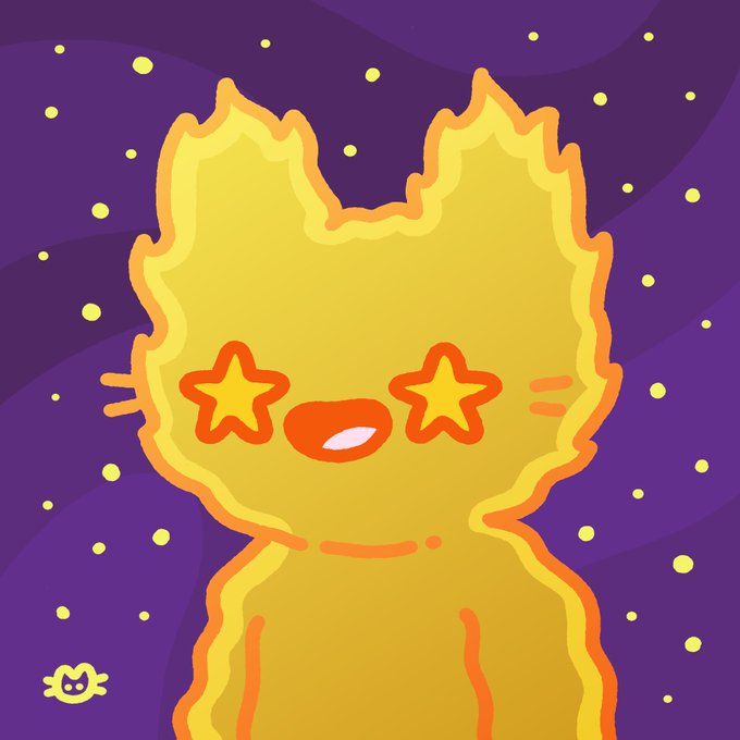 Illustration of a cute yellow cat-like creature with star-shaped eyes against a purple starry background, with a small 'M' logo in the bottom corner.