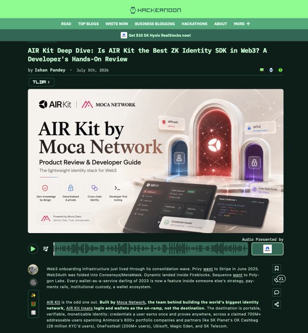 A Hacker Noon article titled "AIR Kit Deep Dive: Is AIR Kit the Best ZK Identity SDK in Web3? A Developer's Hands-On Review" by Ishan Pandey, dated July 5th, 2026, featuring an "AIR Kit by Moca Network Product Review & Developer Guide" graphic highlighting features like zero-knowledge by design, decentralized & private, cross-chain identity, and developer-first tooling, along with an audio waveform visualization of the article.