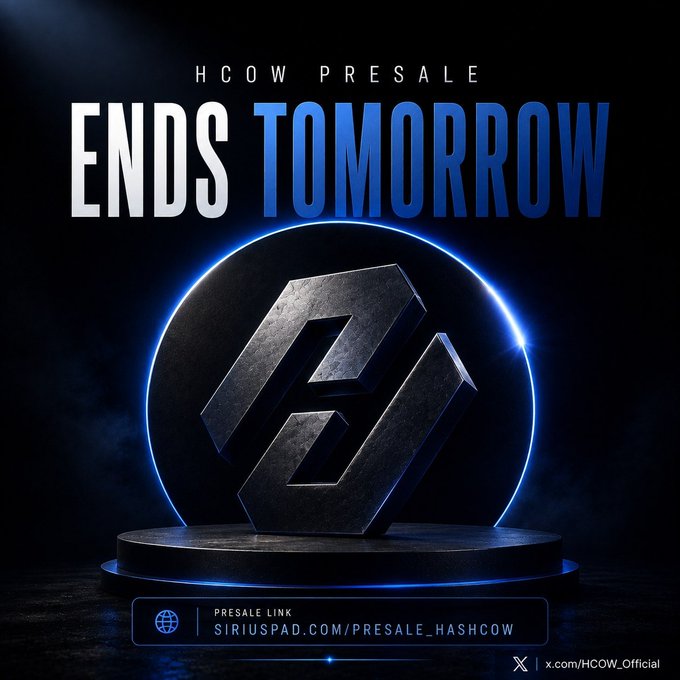 A promotional graphic for "HCOW PRESALE" stating "ENDS TOMORROW," featuring a metallic 3D logo on a circular pedestal with the link "siriuspad.com/presale_hashcow" and the X handle "x.com/HCOW_Official".