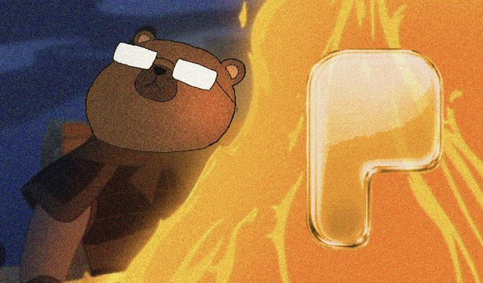 A cartoonish bear with white rectangular eyes stares toward a glowing, translucent letter 'P' against an orange, fiery background.