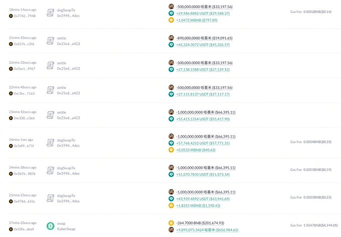 A cryptocurrency transaction history screen displays multiple swap and settle operations involving DogSwap, KyberSwap, and XlayerSwap, showing large amounts in HBAR, USDT, BNB, and WBNB with gas fees listed.