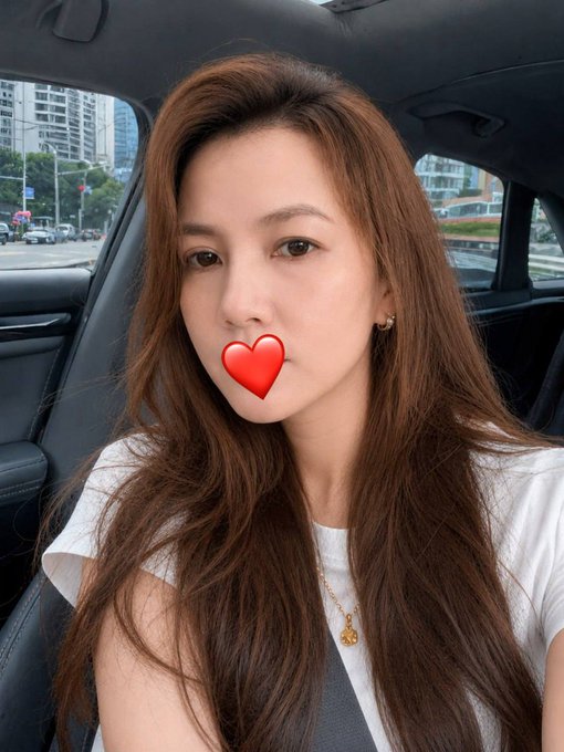 A selfie of a young woman with long brown hair sitting in a car, wearing a white top and a gold necklace, with a red heart emoji covering her mouth.