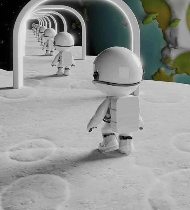 A CGI scene shows several small white robots walking through illuminated arches across a moonlike surface.
