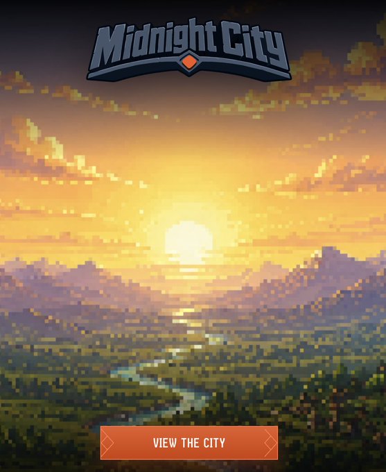 A pixel art promotional image for 'Midnight City' showing a vibrant sunset over a landscape with mountains and a winding river, featuring an orange 'VIEW THE CITY' button.